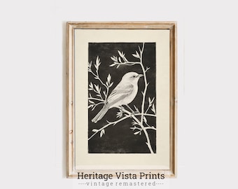 Vintage Bird Print: Black and White Botanical Illustration (Digital Download)