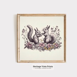Vintage Squirrel Wall Art, Whimsical Woodland Animal Sketch, Floral Forest Creatures Print | s0450