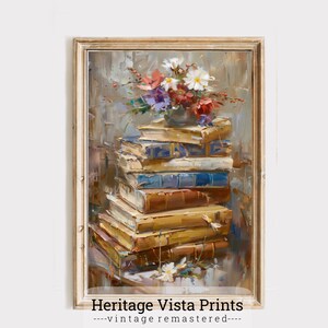 Vintage Books Flowers Wall Art | Antique Library Decor | Classic Book Stack Print | Floral Painting | Literary Art | Book Lover Gift | p0444