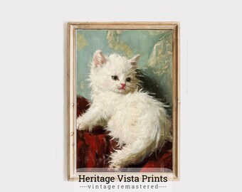 Impression chaton blanc : art mural vintage pelucheux chat (téléchargement numérique)