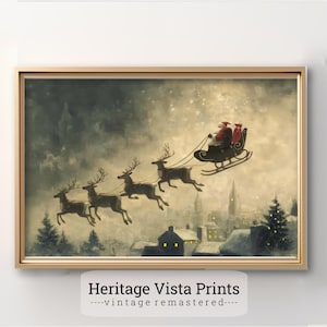 Arte de parede de trenó de Papai Noel | Impressão de rena de Natal | Decoração festiva de feriado | Arte sazonal de Papai Noel | Pôster do país das maravilhas do inverno | w0608