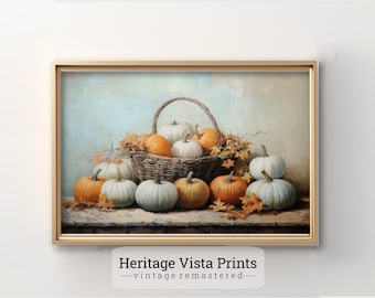 Puede incluir: Una pintura de una cesta de mimbre llena de una variedad de calabazas, calabacines y calabazas. Las calabazas son una mezcla de naranja y blanco, y los calabacines y las calabazas son una mezcla de verde y blanco. La cesta está sentada sobre una mesa de madera, y hay hojas esparcidas a su alrededor.