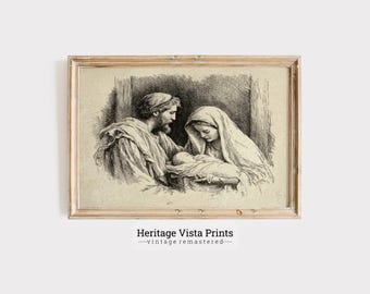 Nativity Scene Wall Art, Vintage Joseph Mary Baby Jesus, Antique Christmas Decor [w0710]