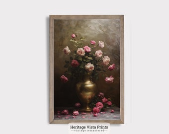 Olieverfschilderij donkere bloemenroos: humeurig Victoriaans stilleven (digitale download)