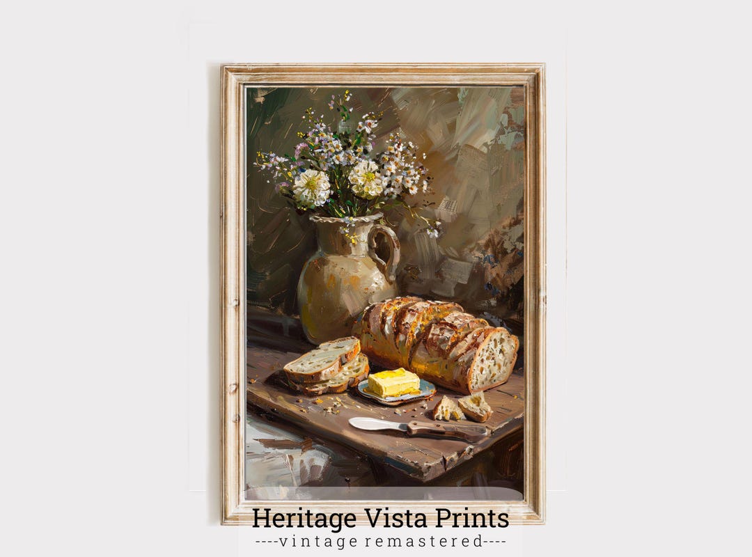 Rustic Bread Still Life Oil Painting French Country Kitchen Wall Art