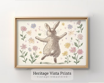 Lámina floral de conejito: Arte de pared vintage para habitación infantil (descarga digital)