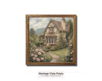 May include: A framed painting of a cottage with a white exterior and a brown roof. The cottage is surrounded by a lush garden with pink flowers. The painting is set against a backdrop of a mountain range.