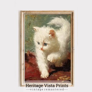 Vintage Cute Fluffy White Kitten Painting, Adorable Kitty Wall Art, Nursery Decor, Animal Artwork for Kids Room, Antique Cat Poster | p0641