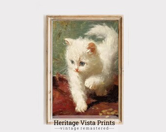 Peinture vintage chaton, art chat blanc duveteux, décoration de chambre d'enfant (téléchargement numérique)