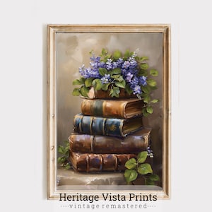 Vintage Books Flowers Wall Art | Floral Stack Book Print | Antique Book Decor | Blue Flowers and Books Illustration | Library Art | p0442