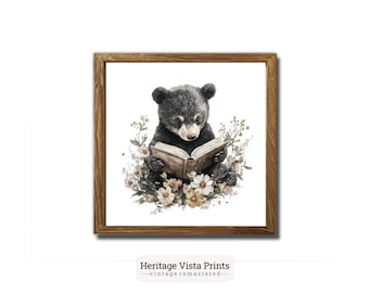 Vintage Bear Reading Art: Nursery Woodland Decor (Digital Download)