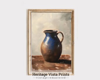 Vintage Pottery Pitcher Print: Rustic Farmhouse Kitchen Art (Digital Download)