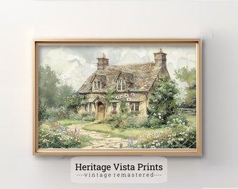 English Cottage Garden Print: Vintage Floral Landscape (Digital Download)