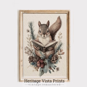 Squirrel Reading Book Vintage Art Print: Woodland Nursery Decor (Digital Download)