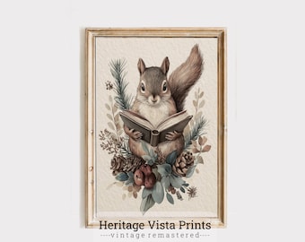 May include: A watercolor illustration of a brown squirrel holding an open book. The squirrel is surrounded by brown and green foliage, including berries and pine cones. The image has a vintage aesthetic and includes the text "Heritage Vista Prints - vintage remastered -."
