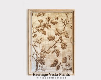 Vintage botanisk gobelängkonsttryck: Brun & beige blommig (digital nedladdning)