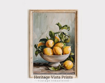 May include: A painting of a white bowl filled with lemons and green leaves. The bowl is sitting on a wooden table. The background is a light blue color.