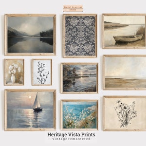 Neutral Seascape Coastal Gallery Wall Art Vintage | + Tapestry + Botanical Printable Set of 10 | Digital Downloadable Art Prints | g0001