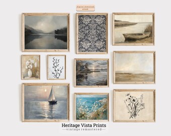 Vintage kustgalerij muurkunstset: neutraal zeegezicht en botanische prints (digitale download)