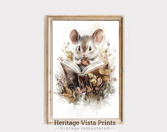 Mouse Reading Book Art Print: Whimsical Nursery Decor (Digital Download)