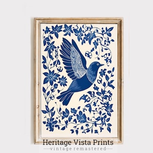 Bird and Floral Wall Print, Botanical Folk Art, Nature Inspired Art for Living Room, Bedroom Decor, Blue Bird Print, Floral Artwork | p0655