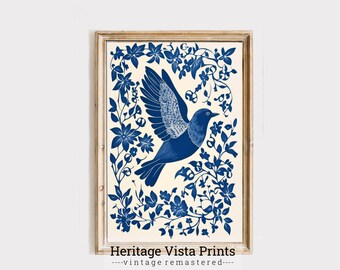 Blue Bird Floral Print: Vintage Botanical Folk Art (Digital Download)