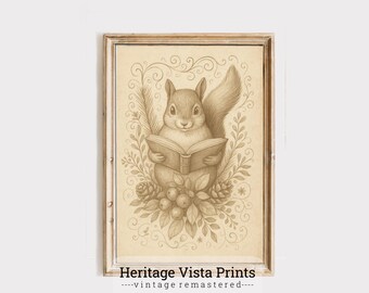 May include: A sepia-toned illustration of a squirrel sitting on a bed of leaves and berries, holding an open book. The squirrel is surrounded by delicate floral designs and swirls.
