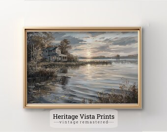 Vintage Seascape Oil Painting Print: English Cottage Coastal Art (Digital Download)