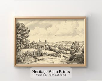 Vintage English Cottage Print: Rustic Farmhouse Landscape (Digital Download)