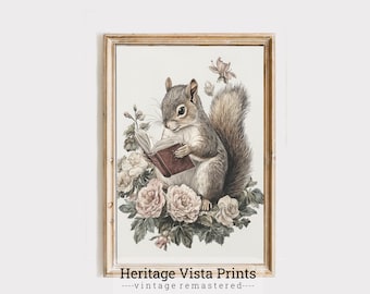 May include: A watercolor illustration of a gray squirrel sitting on a bed of pink and white flowers, reading a book. The squirrel is wearing a brown book and has a bushy tail. The flowers are surrounded by green leaves.