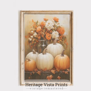 Autumn Pumpkin and Floral Bouquet Wall Art | Rustic Fall Home Decor | Seasonal Harvest Painting | Thanksgiving Decoration | p0554 |
