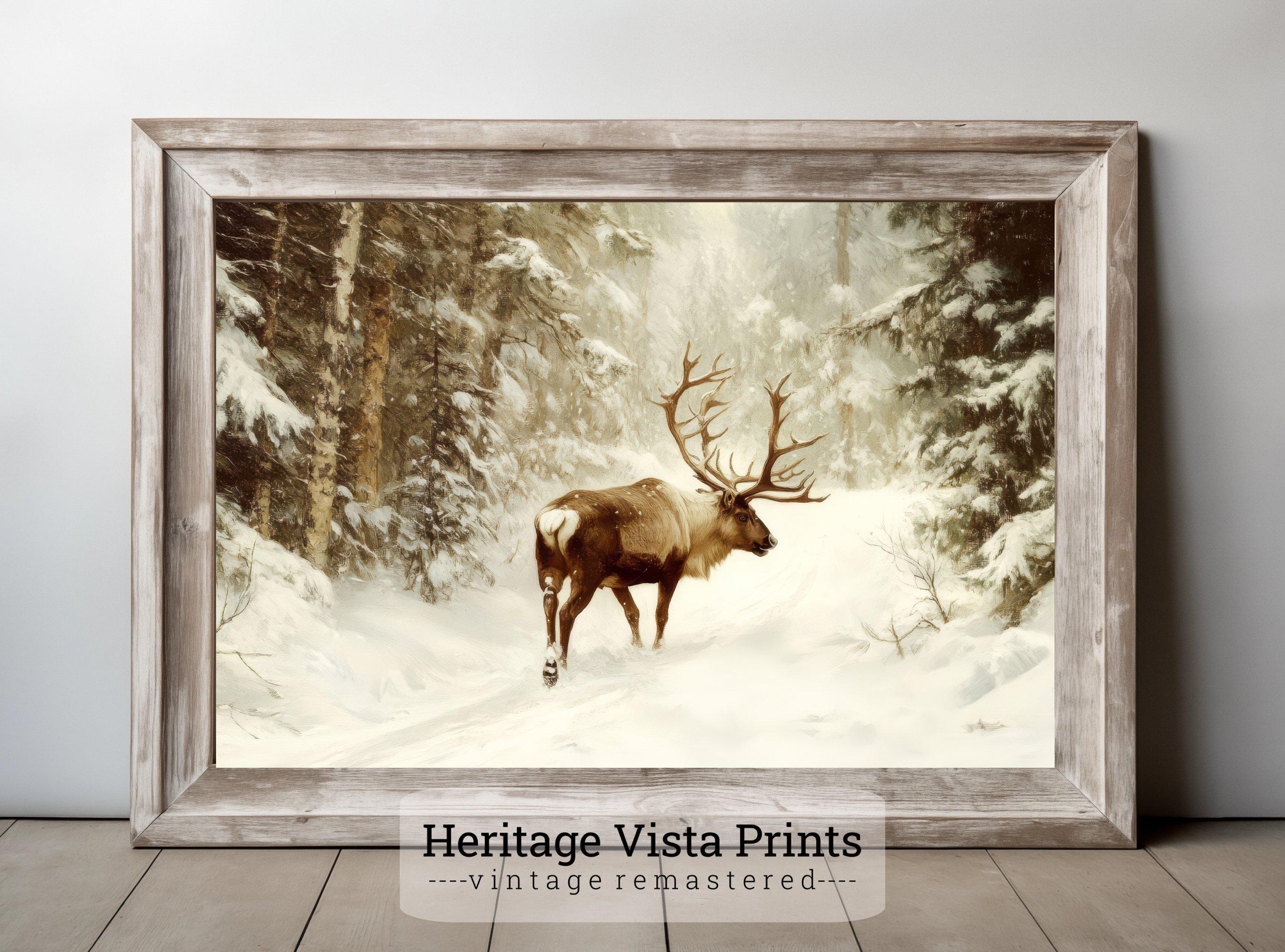 Winter Wonderland Stag Wall Art | Snowy Forest Deer Print | Rustic Home ...