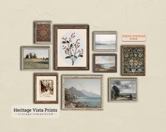 Utskrivbar vintage väggkonstgalleriuppsättning | Varmt antikt estetiskt konsttryck | Gaveldekoration för vintagekonstälskare | Cottagecore-tryck | g0012