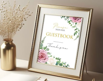 Pink Floral Wedding Guestbook Sign, Printable 8x10 PDF file, Wedding Sign, Elegant Style