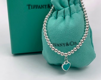 T & Co Return to Tiffany Blue Enamel Mini Heart Tag Bead Bracelet 6.75"