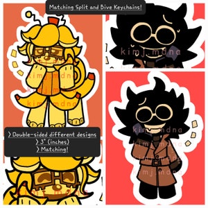 Op de afbeelding: Bijpassende Split- en Bive-sleutelhangers. De afbeelding toont twee sets sleutelhangers met stripfiguren. Eén is geel met een bananenthema, de andere is zwart met een bruine jas. De sleutelhangers zijn ongeveer 7.6 cm groot.