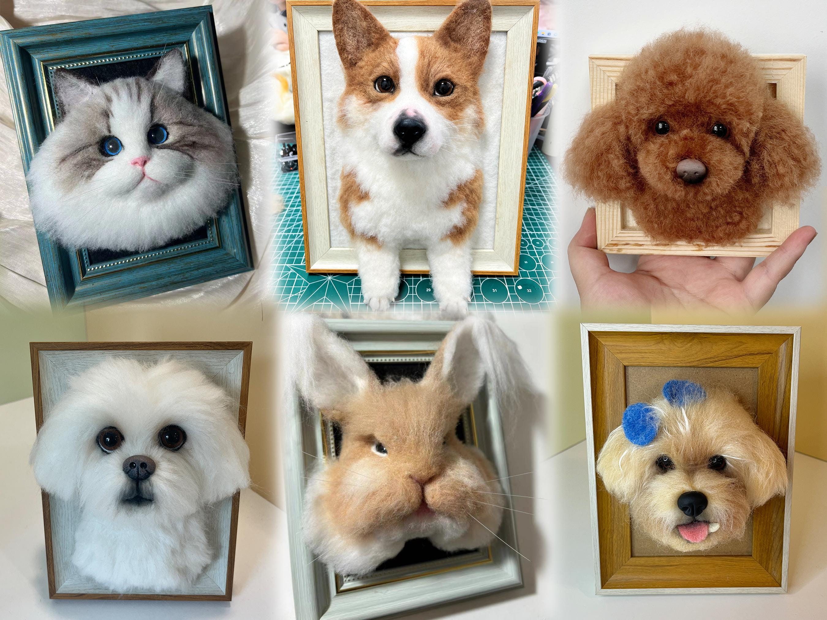 Custom Needle Felted Pet Portrait: Wool Dog / Cat Memorial Frame