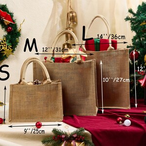 May include: Three burlap tote bags of varying sizes, labeled S, M, and L. The largest is 14 inches (36 cm) wide, the medium is 12 inches (31 cm) wide, and the smallest is 9 inches (25 cm) wide. The bags have handles and are displayed with Christmas decorations.