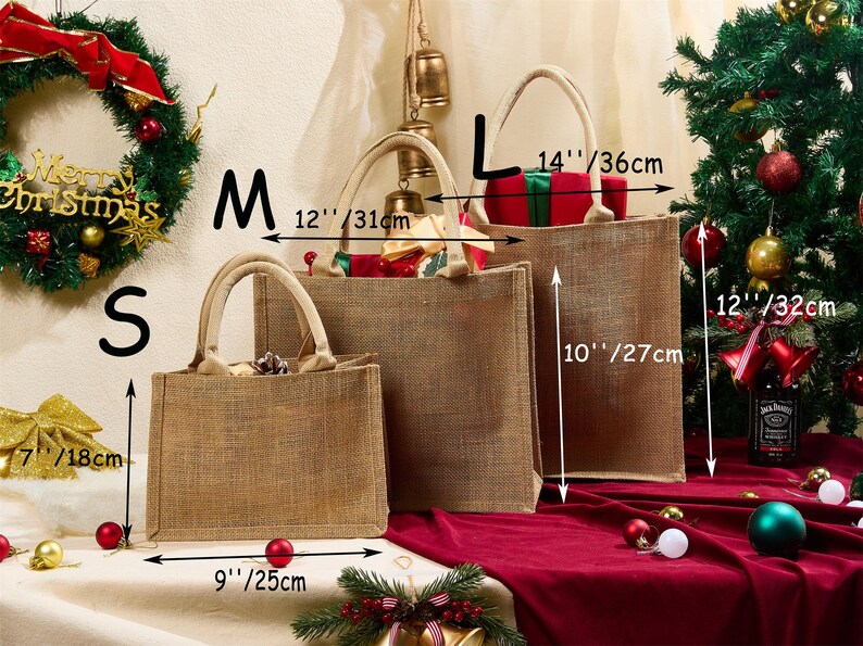 May include: Three burlap tote bags of varying sizes, labeled S, M, and L. The largest is 14 inches (36 cm) wide, the medium is 12 inches (31 cm) wide, and the smallest is 9 inches (25 cm) wide. The bags have handles and are displayed with Christmas decorations.