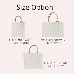 May include: Three canvas tote bags with beige handles are shown, each a different size. The smallest is 23cm long, 21cm high, and 15cm wide. The medium is 37cm long, 27cm high, and 15cm wide. The largest is 40cm long, 33cm high, and 13cm wide. The text "Size Option" is at the top.