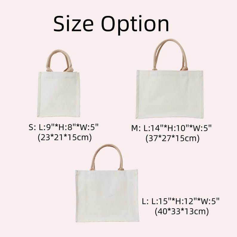 May include: Three canvas tote bags with beige handles are shown, each a different size. The smallest is 23cm long, 21cm high, and 15cm wide. The medium is 37cm long, 27cm high, and 15cm wide. The largest is 40cm long, 33cm high, and 13cm wide. The text "Size Option" is at the top.