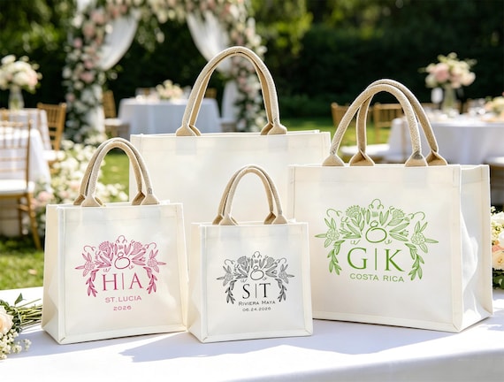 White Canvas Wedding Gift Bags, Hotel Favor Bags for Wedding Guests,…