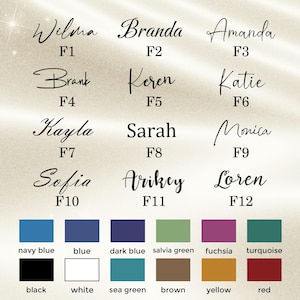 May include: A selection of names in cursive, such as Wilma, Branda, and Amanda, each with a number. Below, a colour palette featuring navy blue, black, white, and other shades. Suitable for personalised items.