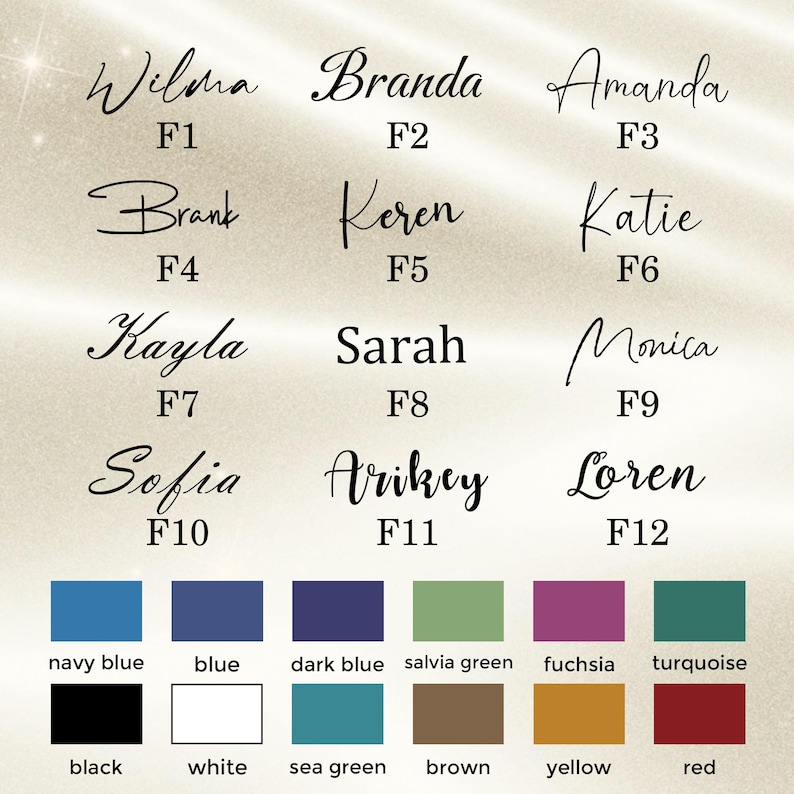 May include: A selection of names in cursive, such as Wilma, Branda, and Amanda, each with a number. Below, a colour palette featuring navy blue, black, white, and other shades. Suitable for personalised items.