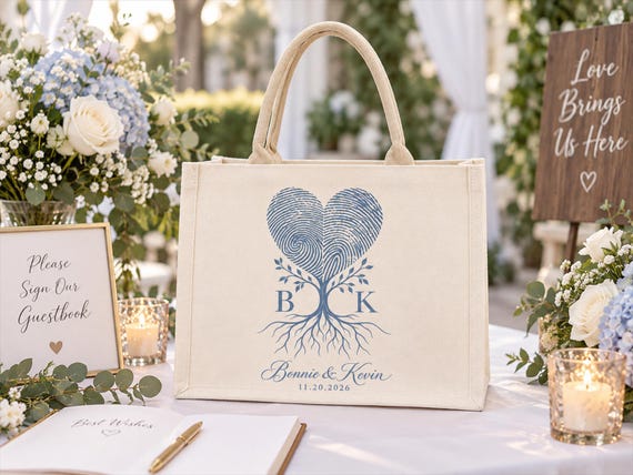 Custom Wedding Favor Canvas Tote Bags, Personalized Fingerprint Tree of Life Wedding Welcome Tote, Wedding Guest Favors, Bridesmaid Gift