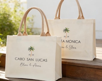 Custom Palm Tree Wedding Welcome Tote Bag, Bridesmaid Gift Bag, Destination Wedding Favor, Tropical Gift Bags