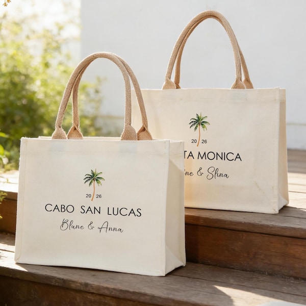 Custom Palm Tree Wedding Welcome Tote Bag, Bridesmaid Gift Bag, Destination Wedding Favor, Tropical Gift Bags