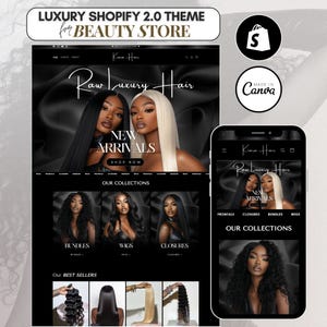 May include: A website mockup for a beauty store selling human hair extensions. The website features a black and white color scheme with images of models wearing different hair styles. The website is titled "Raw Luxury Hair" and features a call to action to "Shop Now".