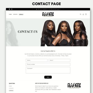 May include: A website contact page with a form to get in touch with the company. The form includes fields for name, email, phone number, and comments. The website also includes a section for quick links to the home, catalog, and contact pages. The website is for a company that sells hair extensions.