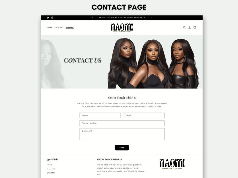 May include: A website contact page with a form to get in touch with the company. The form includes fields for name, email, phone number, and comments. The website also includes a section for quick links to the home, catalog, and contact pages. The website is for a company that sells hair extensions.